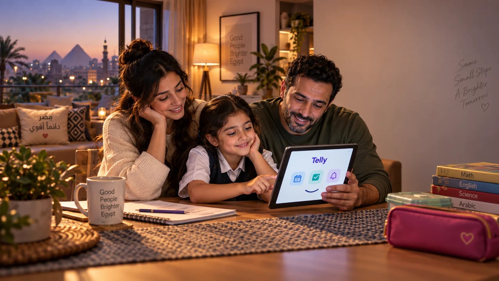 A family reviewing school-life choices together in Telly