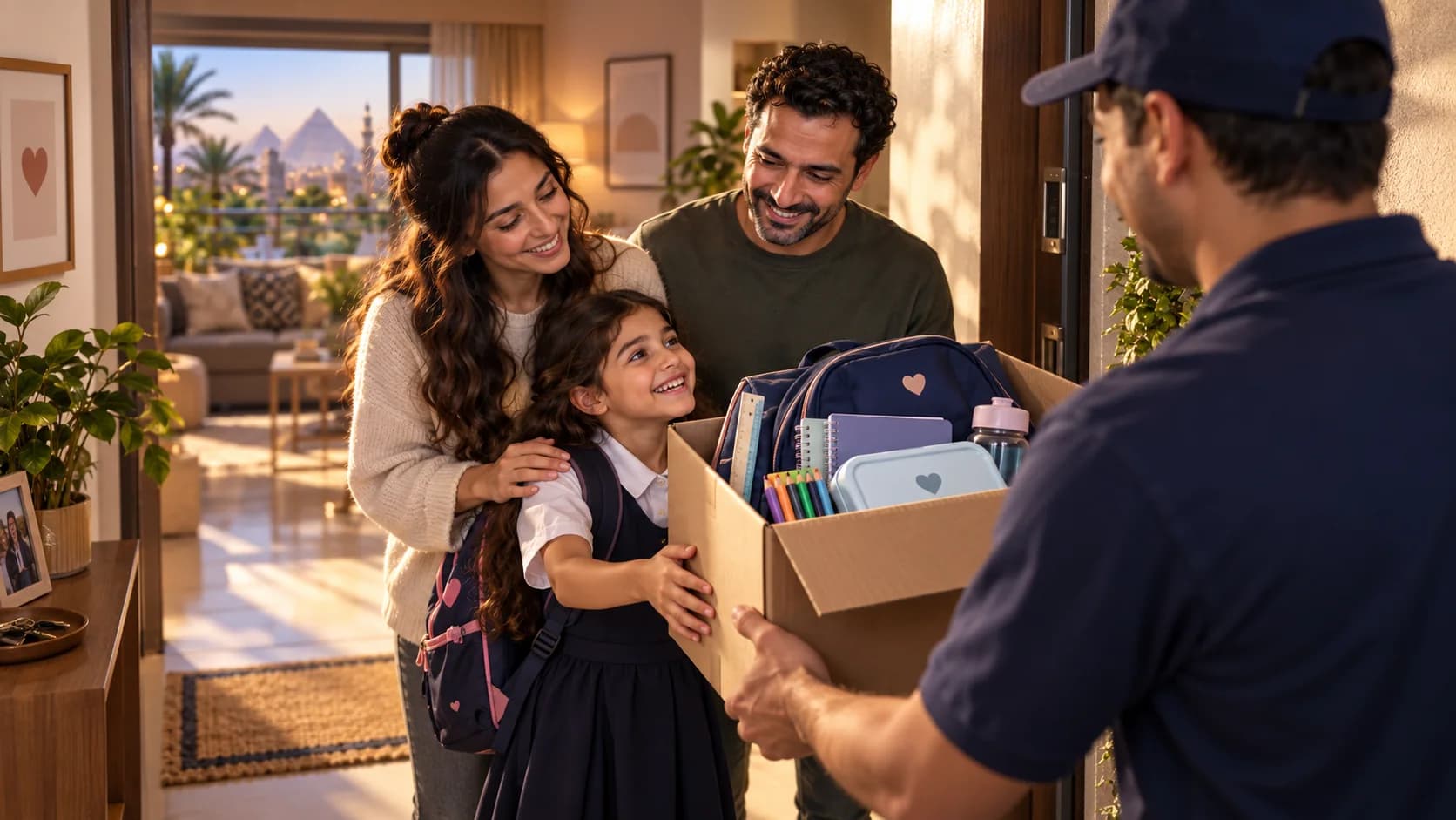 A family receiving school uniform delivery at home